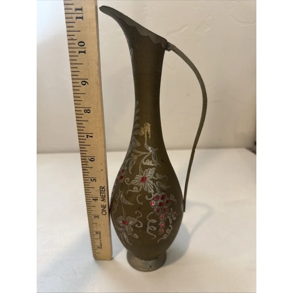 Vintage India Brass Water Pitcher Circa‎ Etched Painted Elegant Curved Handle